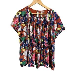 Dolan Left Coast Floral Pilar Pleated Front Mixed Material Blouse Size XL